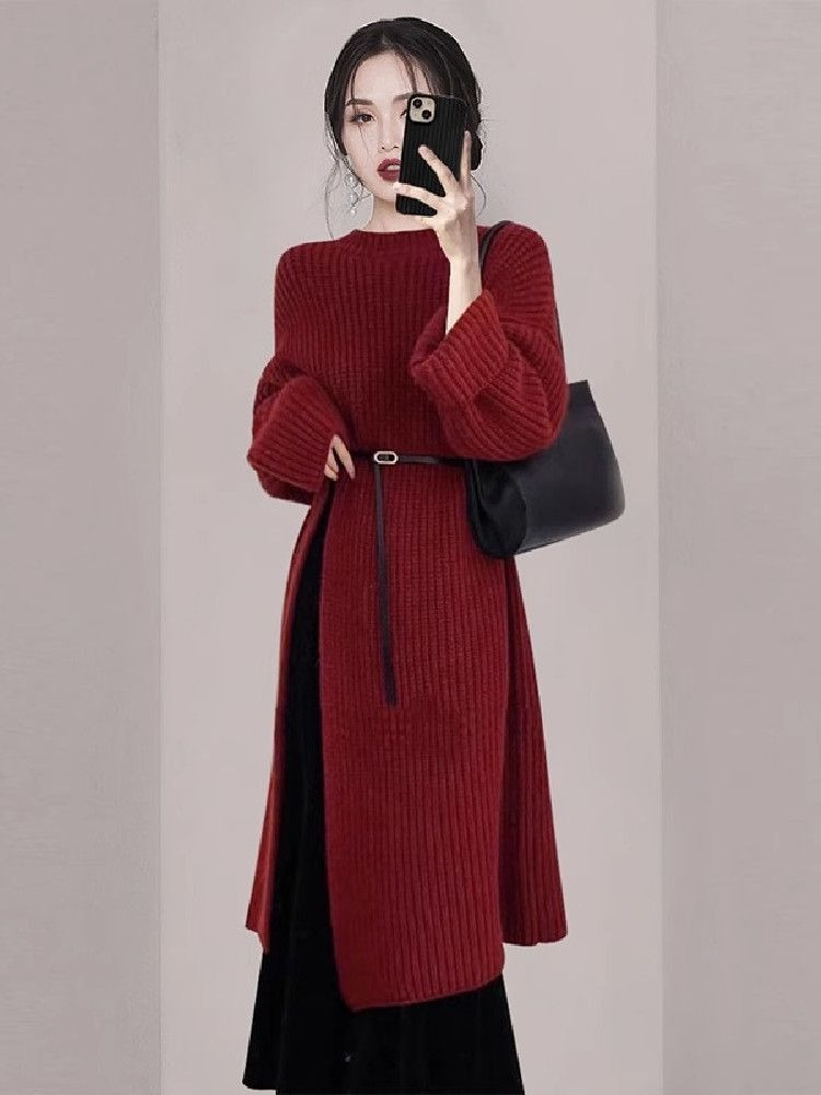 Women'S Red Formal Wear - Gaun Rajut Merah Elegan Wanita Musim